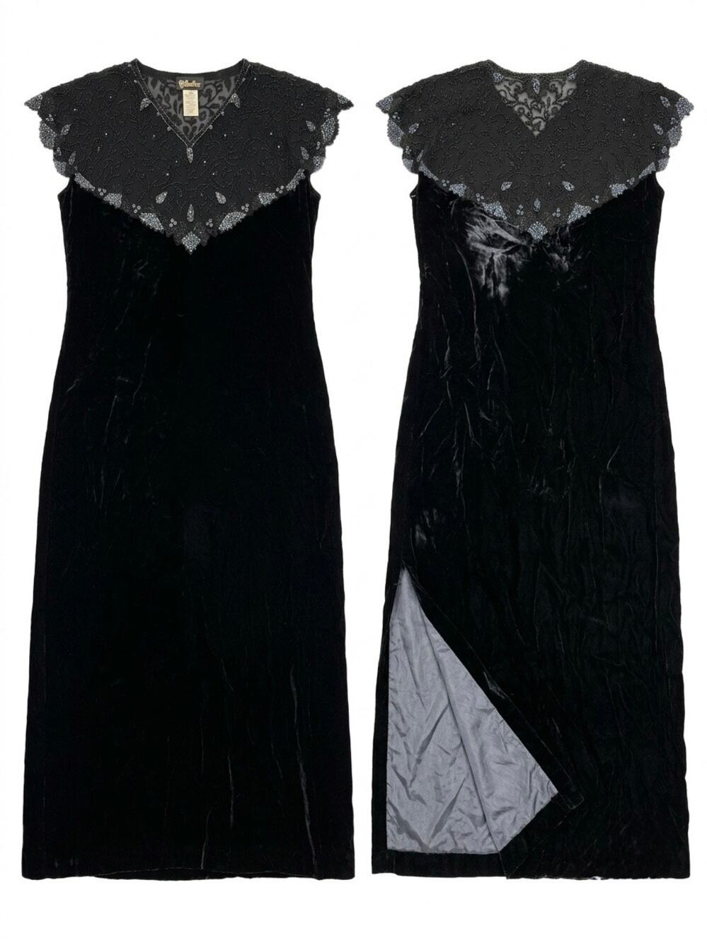 Vintage April Cornell Black Velvet Sheer Beaded Mesh Maxi Dress witchy dark